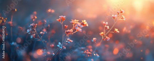 Frosty blossoms, spring morning, sunlight, bokeh effect, soft colors, nature beauty, glowing background, delicate branches, warm atmosphere, floral awakening, serene landscape, peaceful