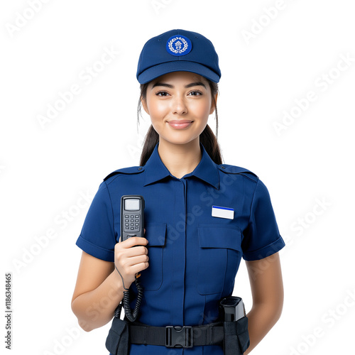 Female Security Guard | Uniformed Officer, Walkie-Talkie, Isolated photo