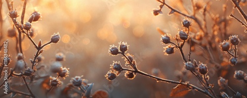 Frosty blossoms, spring morning, sunlight, bokeh effect, soft colors, nature beauty, glowing background, delicate branches, warm atmosphere, floral awakening, serene landscape, peaceful