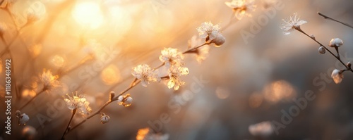 Frosty blossoms, spring morning, sunlight, bokeh effect, soft colors, nature beauty, glowing background, delicate branches, warm atmosphere, floral awakening, serene landscape, peaceful
