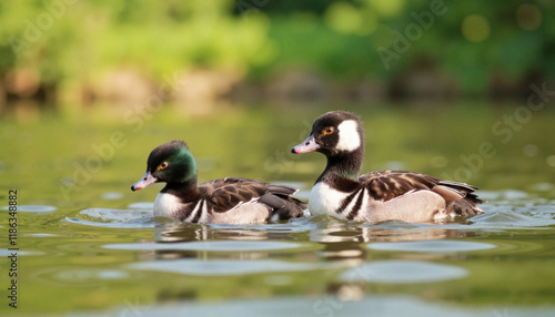 Hooded merganser pair swimming in tranquil pond, morning serenity photo