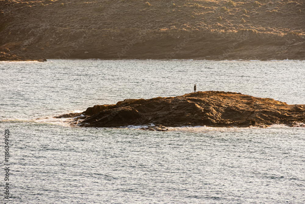 Woman standing alone on the cliffs from an island in the middle of the sea. Concept image for solitude and loneliness. Woman photographed from behind.