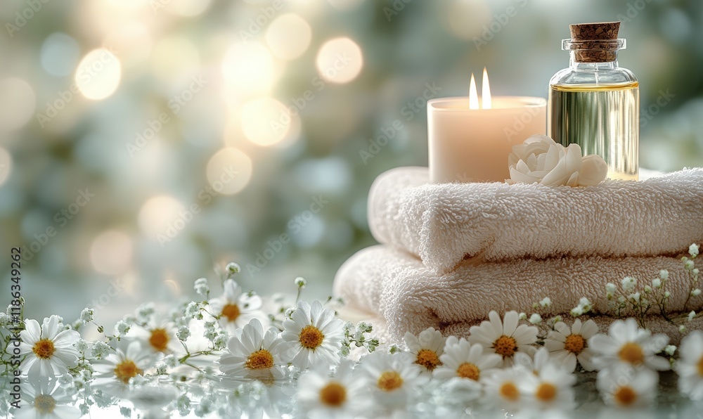 Spa scene: candles, oil, towels, flowers. Spa scene: candles, oil, towels, flowers.