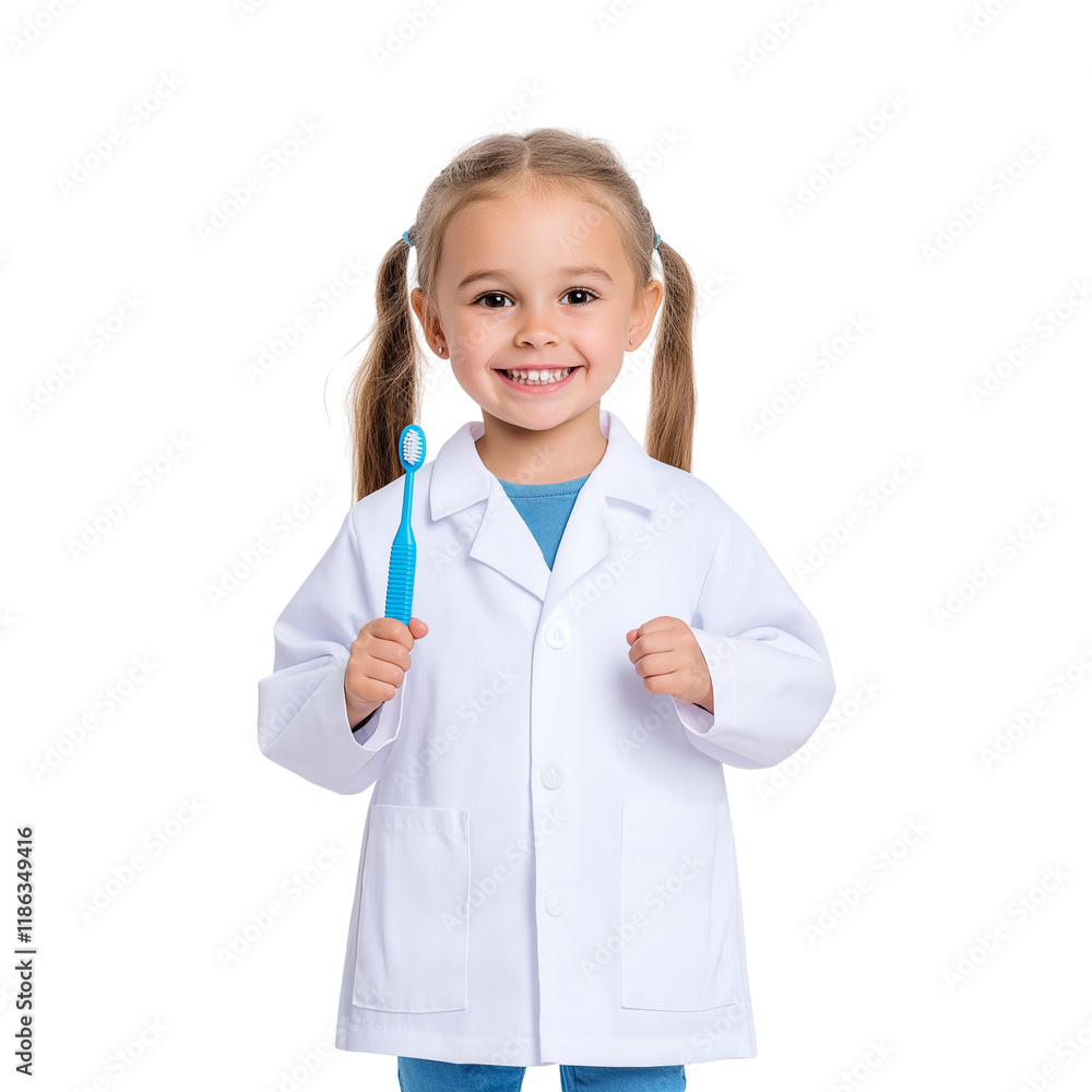 Smiling Girl in Lab Coat Holding Toothbrush | Dentist Role Play, Children's Healthcare Concept Smiling Girl in Lab Coat Holding Toothbrush | Dentist Role Play, Children's Healthcare Concept