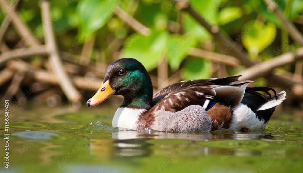 Mallard duck swimming in lush green waterway, vibrant nature scene Mallard duck swimming in lush green waterway, vibrant nature scene