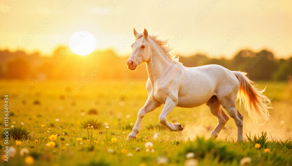 Fototapeta premium Albino horse running freely in a meadow at sunrise, wild beauty