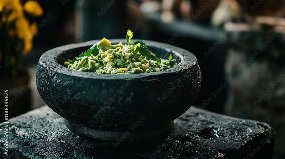 A clean, unadorned shot of a molcajete with freshly made guacamole, the green standing out against the stone. A clean, unadorned shot of a molcajete with freshly made guacamole, the green standing out against the stone.