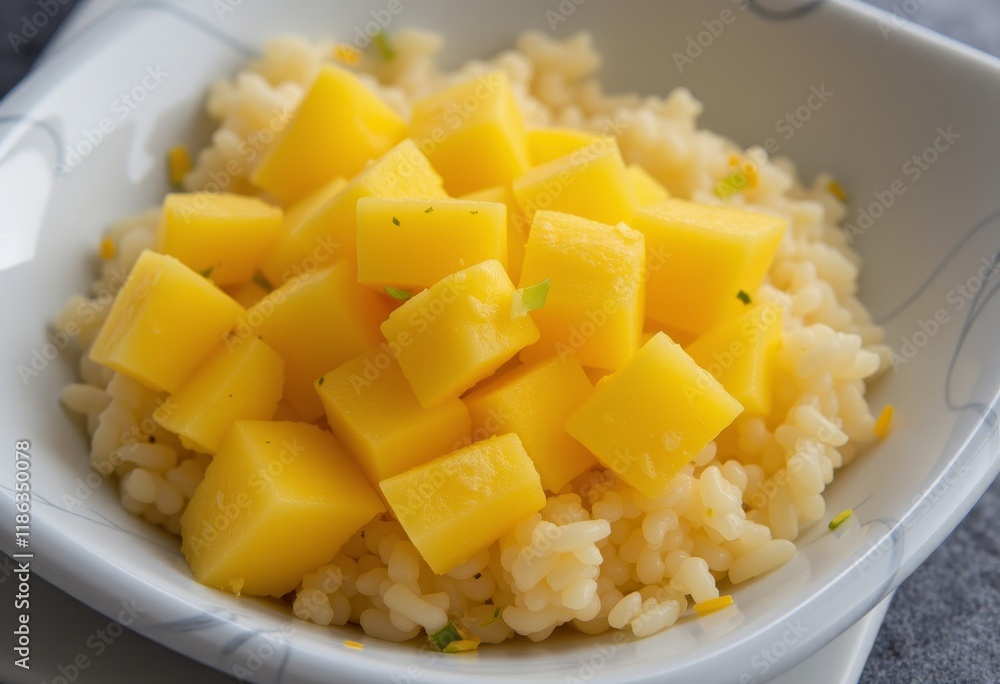 Bowl of diced mangoes garnished with herbs Bowl of diced mangoes garnished with herbs