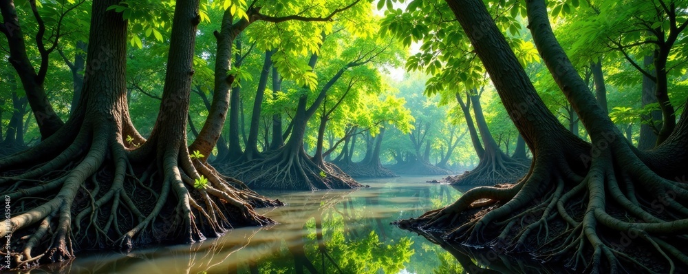 Naklejka premium Dense mangrove forest with twisted trunks and tangled roots, greenspace, foliage, branches