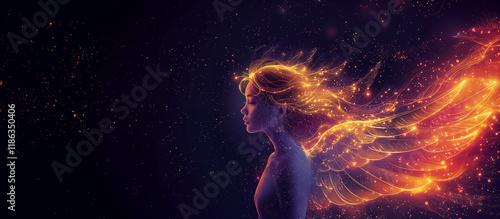 Ethereal figure with glowing wings in a cosmic backdrop at twilight