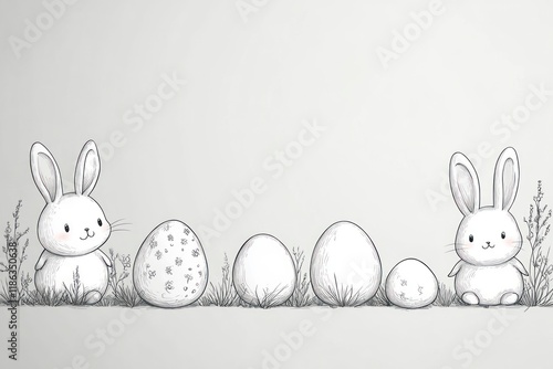 Simple and Minimalist Illustration of Cute Bunnies and Decorative Eggs for Festive Occasions such as Easter or Chinese New Year Celebrations in a Subtle Color Palette photo