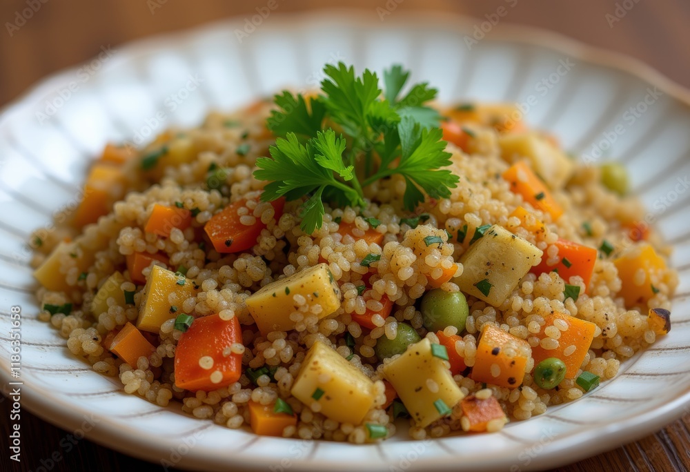 Vegetable couscous with parsley garnish on a plate Vegetable couscous with parsley garnish on a plate