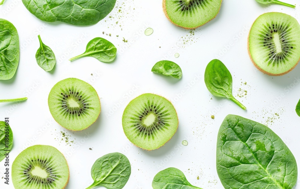 Fototapeta premium A refreshing green smoothie with spinach and kiwi slices on a bright white surface