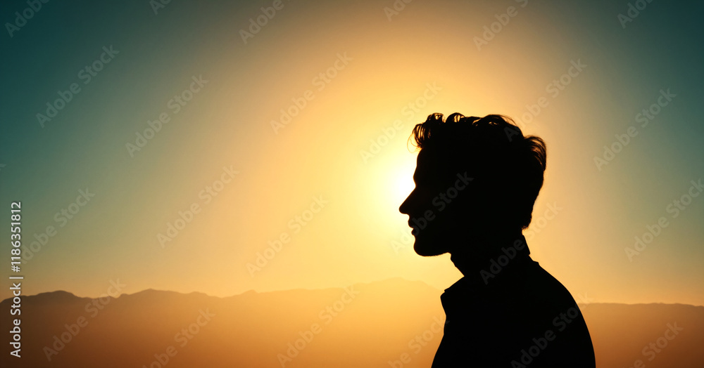 Silhouette of a person against the setting sun. Visually striking with concepts of mystery, drama. Silhouette of a person against the setting sun. Visually striking with concepts of mystery, drama.