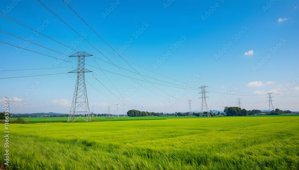 Power transmission lines connected to tower transferring produced green energy on field. Distribution lines transmitting renewable source of energy, one line art, with white tones Power transmission lines connected to tower transferring produced green energy on field. Distribution lines transmitting renewable source of energy, one line art, with white tones