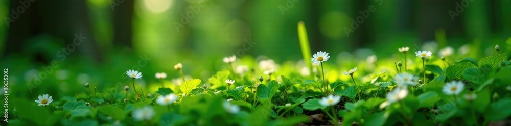 Forest ground is covered in small white Stellaria holostea flowers and ferns, green, forest Forest ground is covered in small white Stellaria holostea flowers and ferns, green, forest