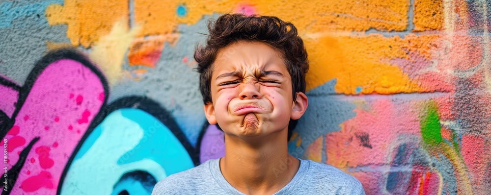 Fototapeta premium Teenager making a playful grimace in a colorful urban setting.