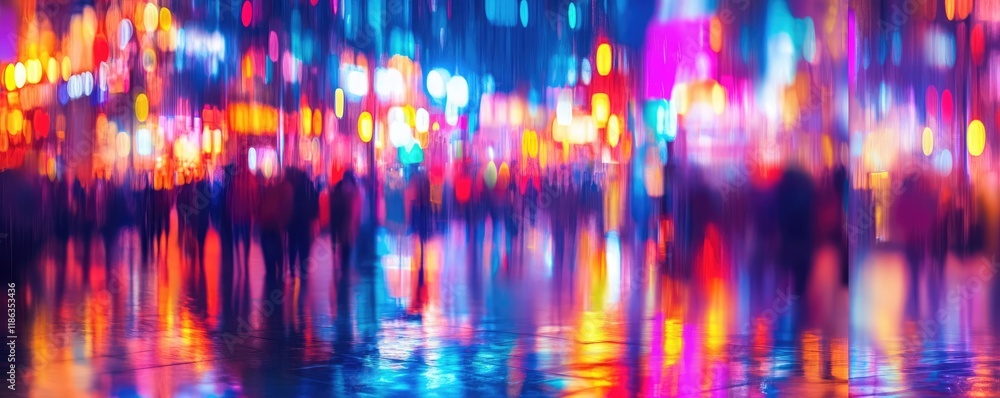 Vibrant neon city lights reflecting on wet streets at night.