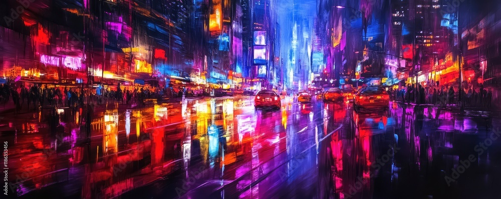 Vibrant neon city lights reflecting on wet streets at night. Vibrant neon city lights reflecting on wet streets at night.