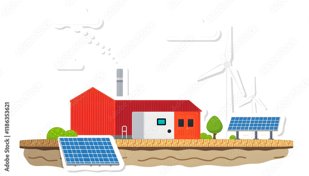 power station hydrogen energy storage battery with solar plant and wind turbine, sticker style, with white tones power station hydrogen energy storage battery with solar plant and wind turbine, sticker style, with white tones