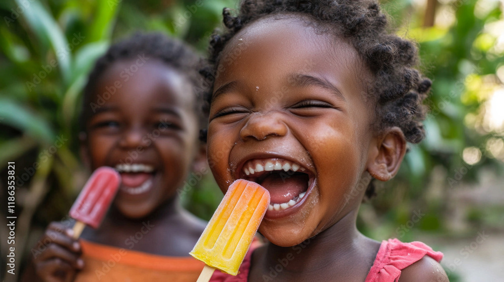 Kids enjoy tasty popsicles while laughing joyfully in a vibrant outdoor setting surrounded by greenery Kids enjoy tasty popsicles while laughing joyfully in a vibrant outdoor setting surrounded by greenery