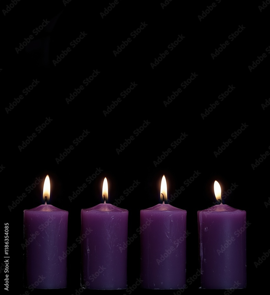 Purple candles glowing softly in dark background, creating serene ambiance and warm atmosphere, ideal for relaxation and meditation, copy space for text Purple candles glowing softly in dark background, creating serene ambiance and warm atmosphere, ideal for relaxation and meditation, copy space for text