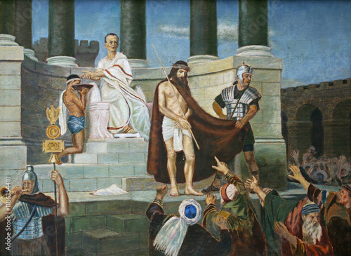 1st Stations of the Cross, Jesus is condemned to death, Church of the Sacred Heart of Jesus, Salata in Zagreb, Croatia;