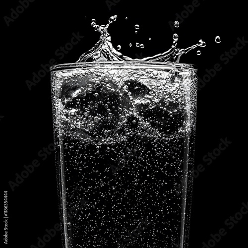 Bubbles rise and splash in soda water creating an energetic underwater display in a glass.  photo