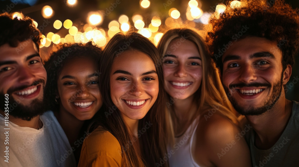 Group gathers to share laughter and warmth around a bonfire under twinkling lights at night Group gathers to share laughter and warmth around a bonfire under twinkling lights at night