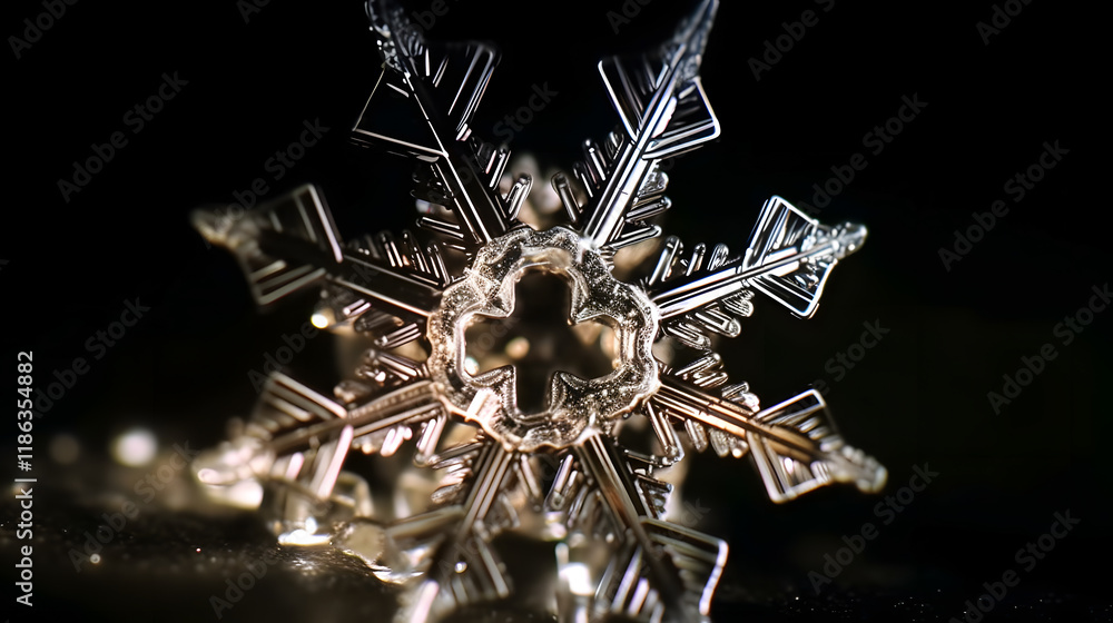 Intricate Snowflake Shines Brightly on a Dark Surface Intricate Snowflake Shines Brightly on a Dark Surface