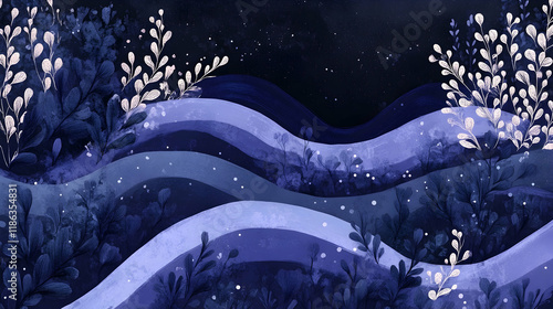 Abstract layout of soft lavender curves over a dark navy background, creating a serene and artistic balance