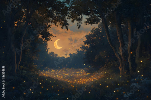 An enchanting firefly-filled forest glowing softly under the warm light of a crescent moon in a tranquil clearing
