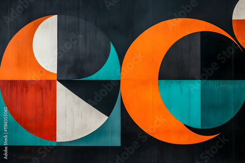 Bold geometric design with radiant orange and teal forms on a charcoal backdrop, evoking energy and contrast