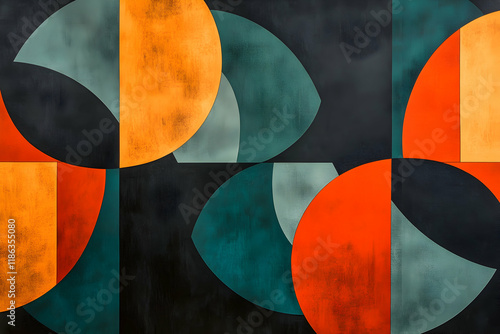 Bold geometric design with radiant orange and teal forms on a charcoal backdrop, evoking energy and contrast