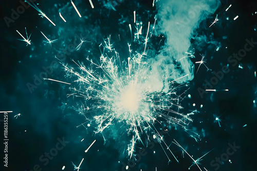 Bright neon cyan sparks crackling across a deep midnight blue background with high-contrast lighting