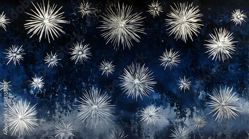 Bright silver starbursts radiating across a gradient midnight blue and black background