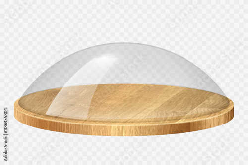 Glass dome with wooden tray. Transparent crystal bell, container, case, cover with round wood plate. Empty product display or showcase. Realistic vector illustration isolated on transparent background