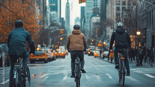 Wallpaper Mural Cyclists riding through a busy urban street with skyscrapers and city life in the background during autumn Torontodigital.ca