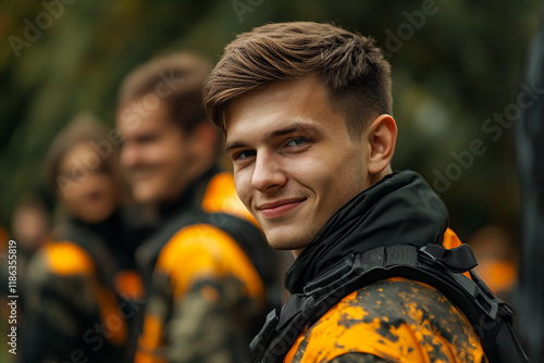 Close-Up of Paintball Players in Action, Wearing Protective Masks and Gear, Generative AI art photo