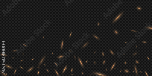 Fire sparks background. Isolated realistic flying orange sparkles on dark backdrop. Abstract vector illustration.