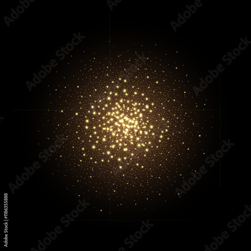 Sparkle gold light. Golden glow star isolated on black background. Sparkle glare in galaxy. Flash of light in space. Abstract bright sparkling vector illustration.