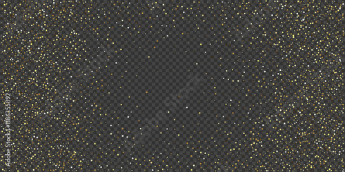 Gold glitter confetti background. Golden glittering dust on transparent background with copy space. Festive holiday shiny luxury backdrop. Abstract vector illustration.