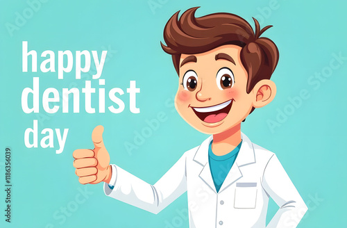 World Dentist Day Smiling Cartoon Dentist Character. Happy cartoon dentist character in a white coat giving a thumbs-up gesture with 