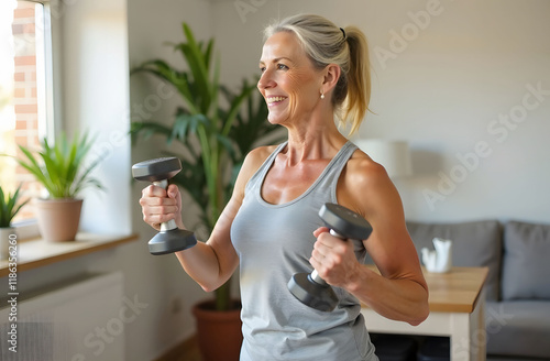 Middle-aged Woman Exercising with Dumbbells at Home. A middle-aged woman smiling while lifting dumbbells at home, promoting fitness, health, and an active lifestyle for adults.