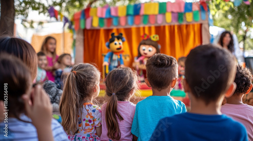 Children enjoy an engaging puppet show outdoors surrounded by colorful decorations in a lively atmosphere