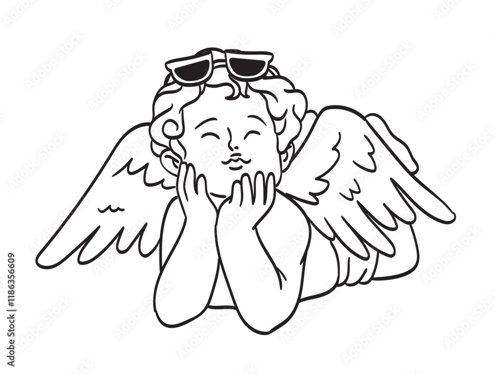 Obraz premium Retro angel baby cupid illustration. Isolated vintage cute cherub drawing, retro little angel with wings wearing sunglasses doodle line art tattoo style for poster, placard, wedding invitation design.