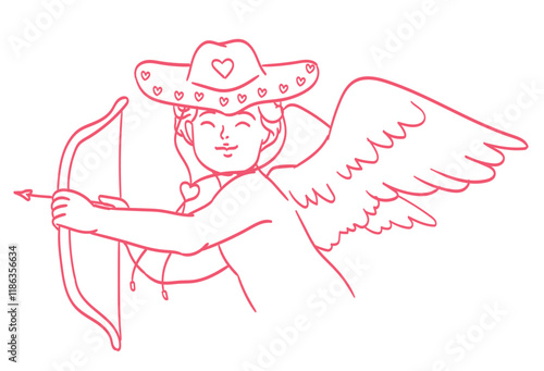 Retro little angel with bow and arrow in cowboy hat doodle line art tattoo style for poster, placard or wedding invitation design. Angel baby cupid illustration. Isolated vintage cute cherub drawing.