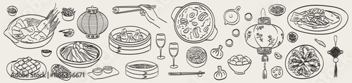 Chinese cuisine outline drawings. Asian dinner restaurant food doodle sketch vector illustration. Tofu, rice, baozi hotpot and soup. Dumplings, wonton, fried noodles and other traditional meal.
