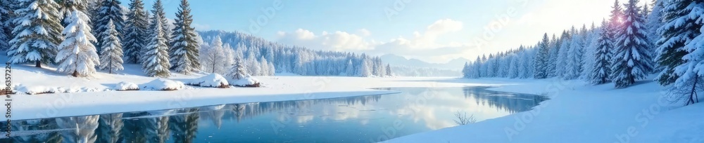 Fototapeta premium Icy lake with a frozen shoreline and snow-covered trees, winter, cold