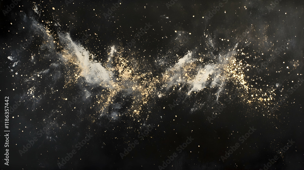 Fototapeta premium Glimmering silver and gold particles merging on a jet-black canvas with subtle starry effects